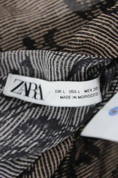 Zara Women Shift Dress Brown Floral Long Sleeve Round Neck Viscose Size L