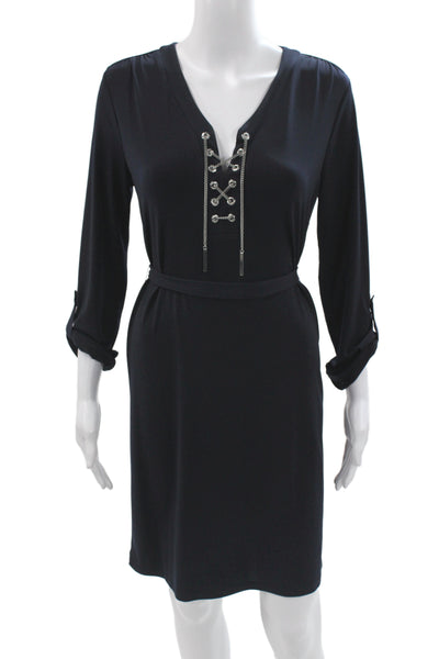 Michael Michael Kors Women Shift Dress Black V-Neck 3/4 Sleeve Mini Tie Size S