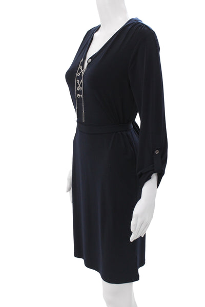 Michael Michael Kors Women Shift Dress Black V-Neck 3/4 Sleeve Mini Tie Size S