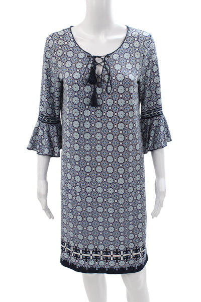 Max Studio Womens Shift Dress Blue Scoop Neck 3/4 Sleeve Geometric Size S