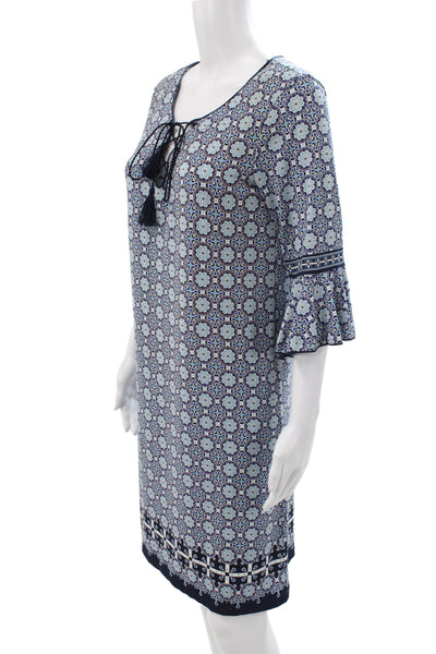 Max Studio Womens Shift Dress Blue Scoop Neck 3/4 Sleeve Geometric Size S