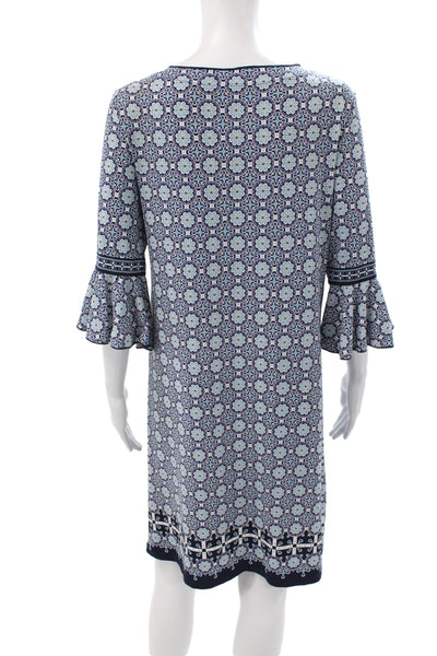 Max Studio Womens Shift Dress Blue Scoop Neck 3/4 Sleeve Geometric Size S