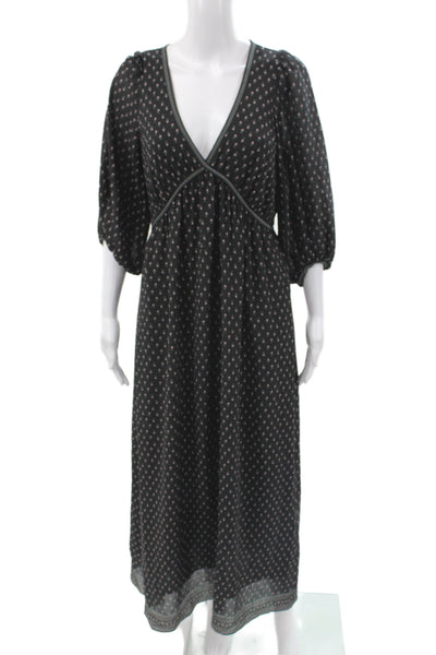 Max Studio Women Maxi Floral V-Neck 3/4 Sleeve Black Mid-Calf Dress Size S