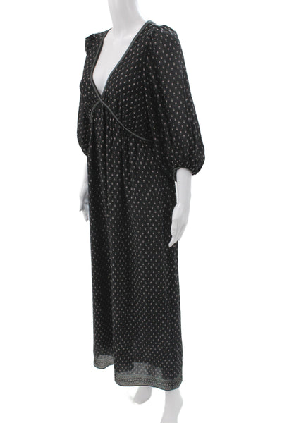Max Studio Women Maxi Floral V-Neck 3/4 Sleeve Black Mid-Calf Dress Size S