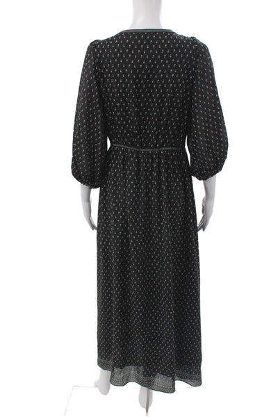 Max Studio Women Maxi Floral V-Neck 3/4 Sleeve Black Mid-Calf Dress Size S