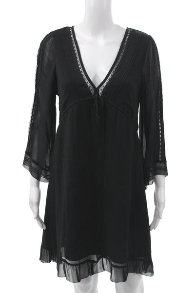 Sanctuary Womens Shift Dress Black V-Neck 3/4 Sleeve Viscose Boho Mini Size S