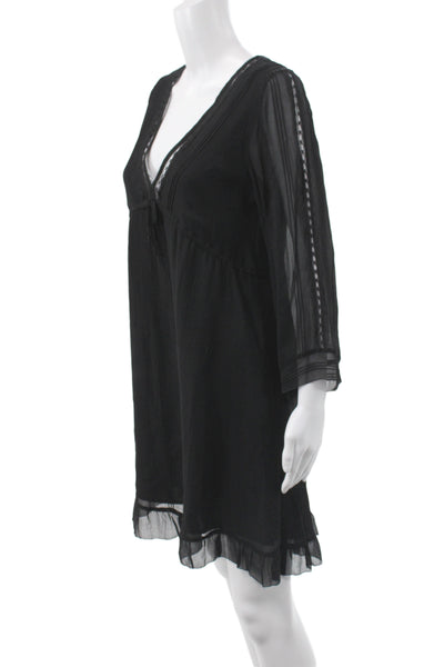 Sanctuary Womens Shift Dress Black V-Neck 3/4 Sleeve Viscose Boho Mini Size S