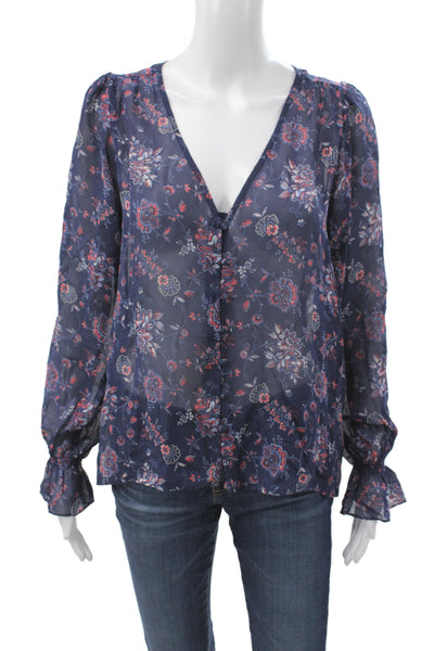 Joie Women Silk Floral V-Neck Tunic Blue Button Long Sleeve Boho Size M