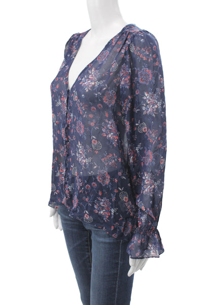 Joie Women Silk Floral V-Neck Tunic Blue Button Long Sleeve Boho Size M