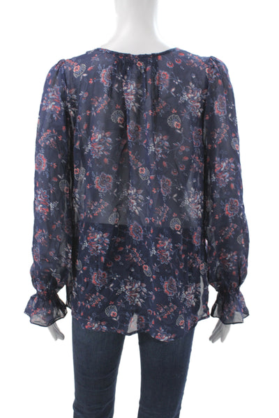 Joie Women Silk Floral V-Neck Tunic Blue Button Long Sleeve Boho Size M