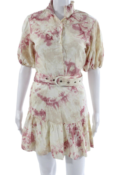 S/W/F Womens Shirt Dress Beige Tie Dye Collared Short Sleeve Button Size XS