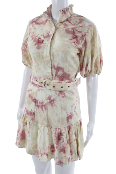 S/W/F Womens Shirt Dress Beige Tie Dye Collared Short Sleeve Button Size XS