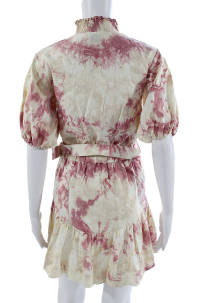 S/W/F Womens Shirt Dress Beige Tie Dye Collared Short Sleeve Button Size XS
