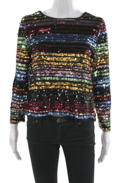 Mango Women Cropped Sequin Striped Blouse 3/4 Sleeve Black Size 4