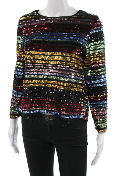 Mango Women Cropped Sequin Striped Blouse 3/4 Sleeve Black Size 4