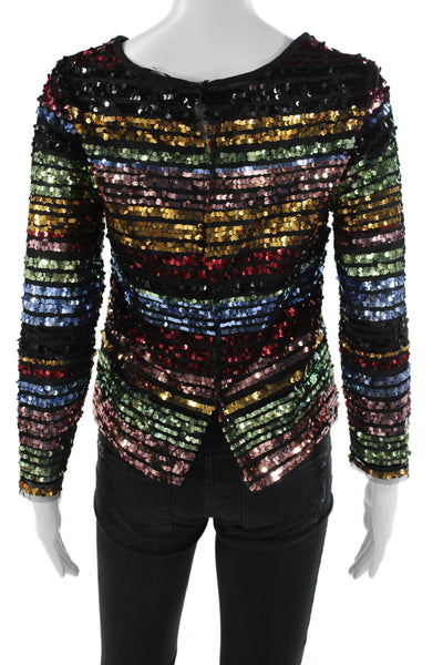 Mango Women Cropped Sequin Striped Blouse 3/4 Sleeve Black Size 4