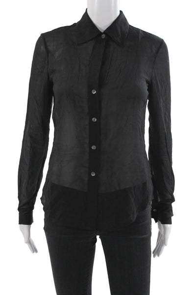 Theory Women Basic Collared Sheer Button Long Sleeve Blouse Black Size PP