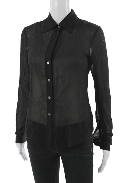 Theory Women Basic Collared Sheer Button Long Sleeve Blouse Black Size PP