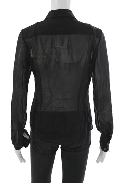 Theory Women Basic Collared Sheer Button Long Sleeve Blouse Black Size PP