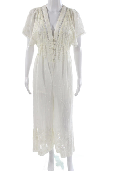 Zimmermann Womens White Eyelet Lace Boho V-Neck Short Sleeve Jumpsuit Size 0
