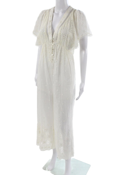Zimmermann Womens White Eyelet Lace Boho V-Neck Short Sleeve Jumpsuit Size 0