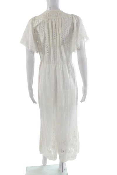 Zimmermann Womens White Eyelet Lace Boho V-Neck Short Sleeve Jumpsuit Size 0