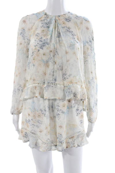 Zimmermann Women Mini Floral Silk Dress Tie Round Neck Long Sleeve Size 0