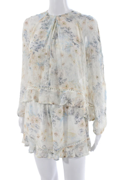 Zimmermann Women Mini Floral Silk Dress Tie Round Neck Long Sleeve Size 0