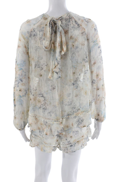 Zimmermann Women Mini Floral Silk Dress Tie Round Neck Long Sleeve Size 0