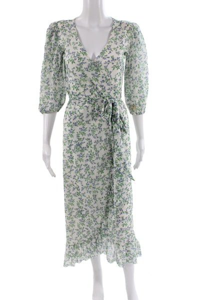 Ganni Women White Floral Wrap Dress V-Neck 3/4 Sleeve Size 34