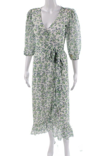 Ganni Women White Floral Wrap Dress V-Neck 3/4 Sleeve Size 34
