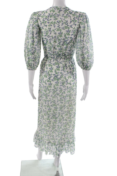 Ganni Women White Floral Wrap Dress V-Neck 3/4 Sleeve Size 34
