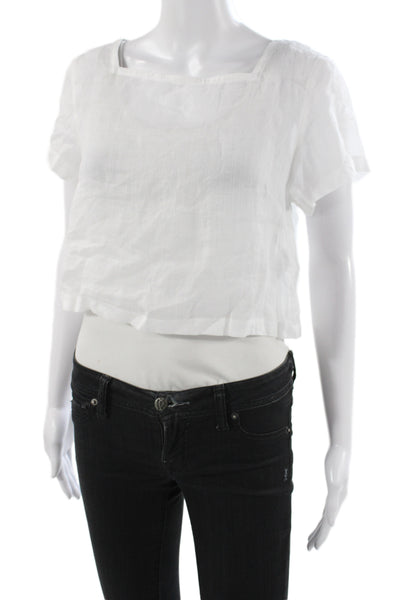 J Crew Womens Cropped Blouse White Square Neck Short Sleeve Ramie Size S