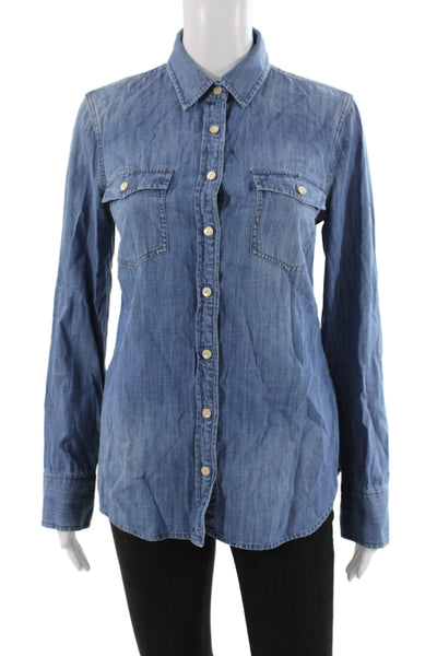 J Crew Women Blue Basic Button-Up Collared Long Sleeve Shirt Size 2