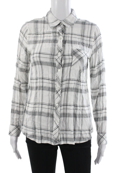 Dylan George Womens Black Plaid Button-Up Top Long Sleeve Rayon Size S