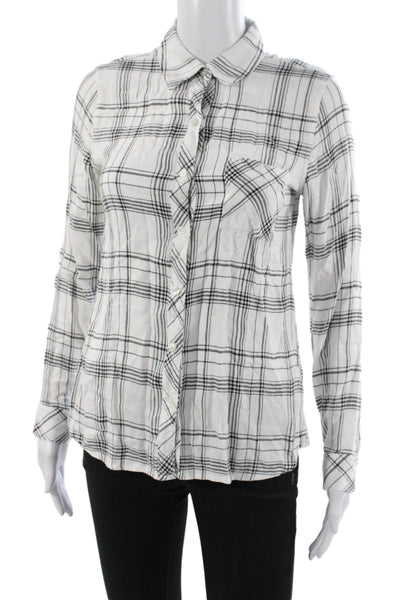 Dylan George Womens Black Plaid Button-Up Top Long Sleeve Rayon Size S
