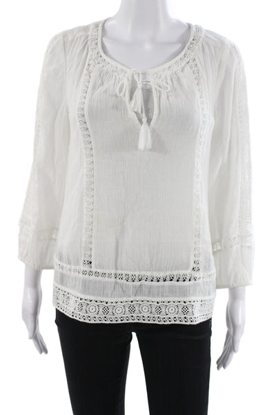 Joie Womens Boho Tunic Blouse White Cotton Tie Round Neck 3/4 Sleeve Size S
