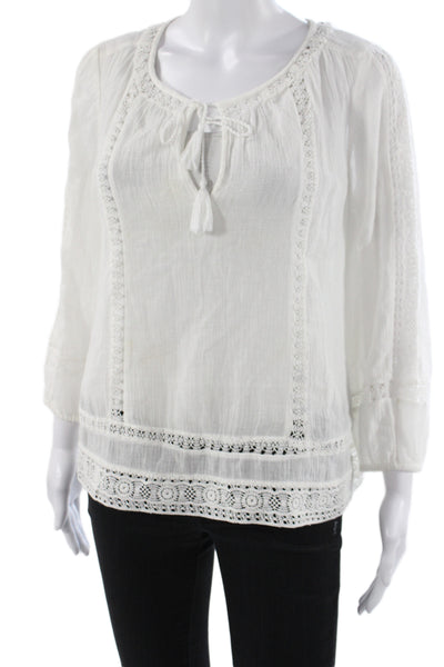 Joie Womens Boho Tunic Blouse White Cotton Tie Round Neck 3/4 Sleeve Size S