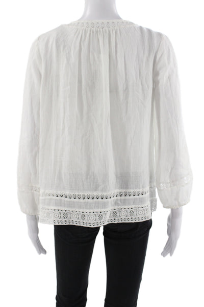 Joie Womens Boho Tunic Blouse White Cotton Tie Round Neck 3/4 Sleeve Size S
