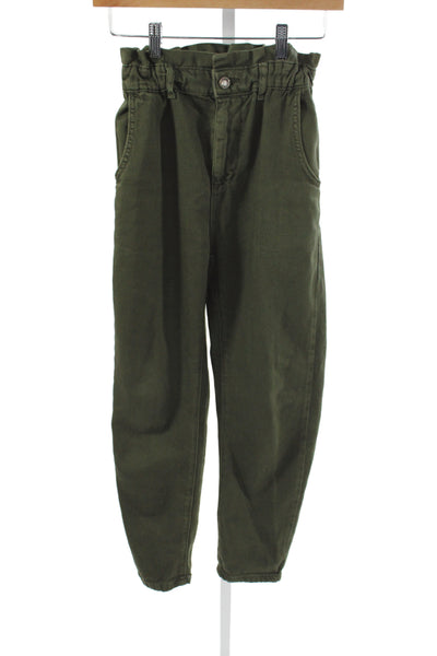 Zara Women Paperbag Pants Green Cotton High Rise 26 Inseam Size 0