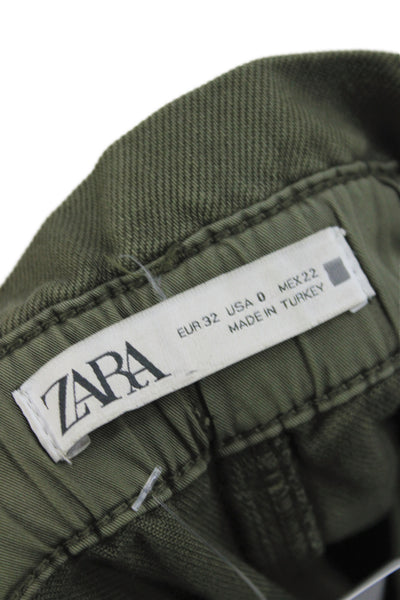 Zara Women Paperbag Pants Green Cotton High Rise 26 Inseam Size 0