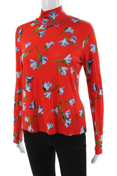 Rag & Bone Womens Red Floral Cotton Jersey T-Shirt Mock Neck Long Sleeve Size M
