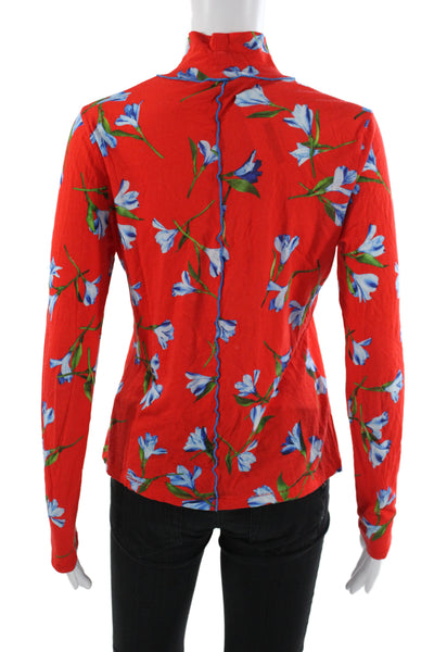 Rag & Bone Womens Red Floral Cotton Jersey T-Shirt Mock Neck Long Sleeve Size M