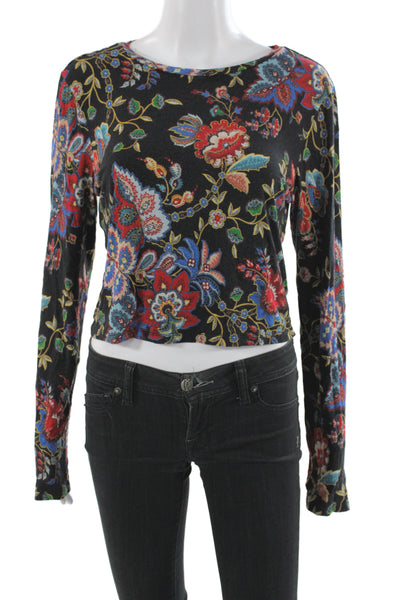Alice + Olivia Womens Cropped Floral Black T-Shirt Size S