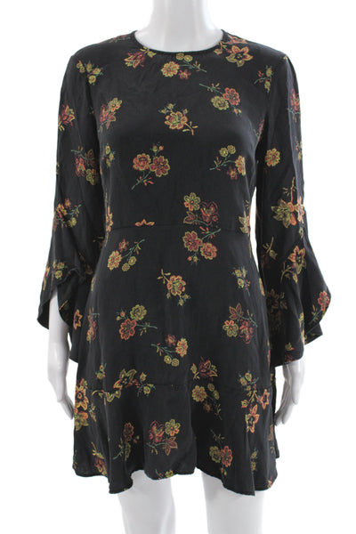ALC Womens Fit & Flare Floral Silk Short Dress Long Sleeve Black Size 8