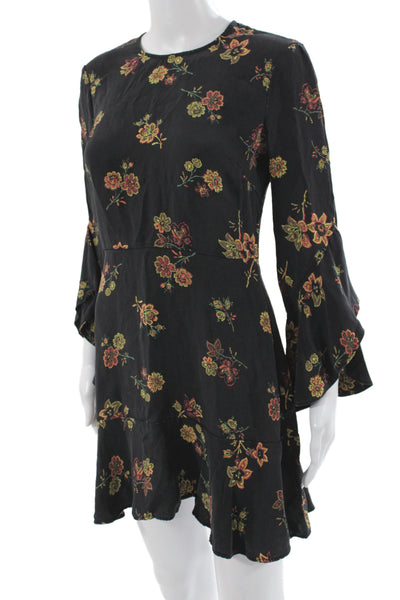 ALC Womens Fit & Flare Floral Silk Short Dress Long Sleeve Black Size 8
