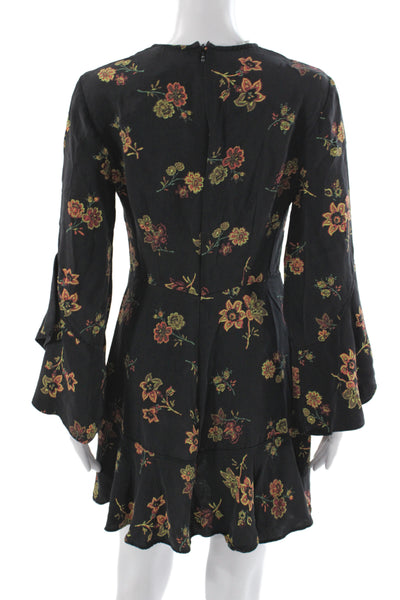 ALC Womens Fit & Flare Floral Silk Short Dress Long Sleeve Black Size 8
