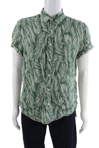 J Crew Mens Linen Slim Fit Button Down Shirt Green White Size Large