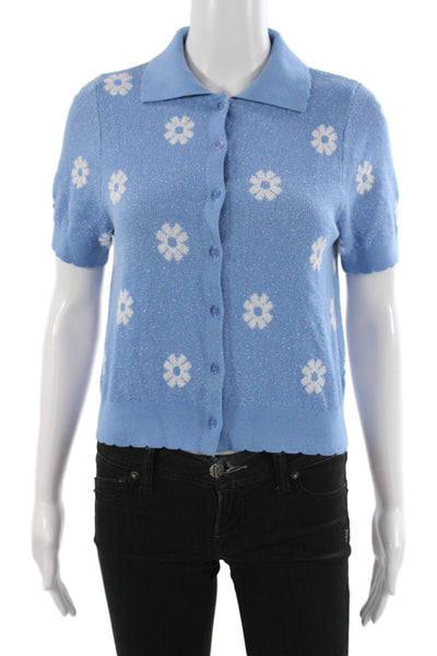 525 Womens Collared Floral Cardigan Blue Cotton Short Sleeve Size S