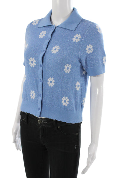 525 Womens Collared Floral Cardigan Blue Cotton Short Sleeve Size S